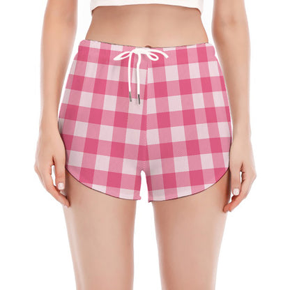 Pink And White Buffalo Check Print Women's Split Running Shorts