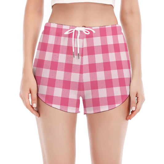 Pink And White Buffalo Check Print Women's Split Running Shorts