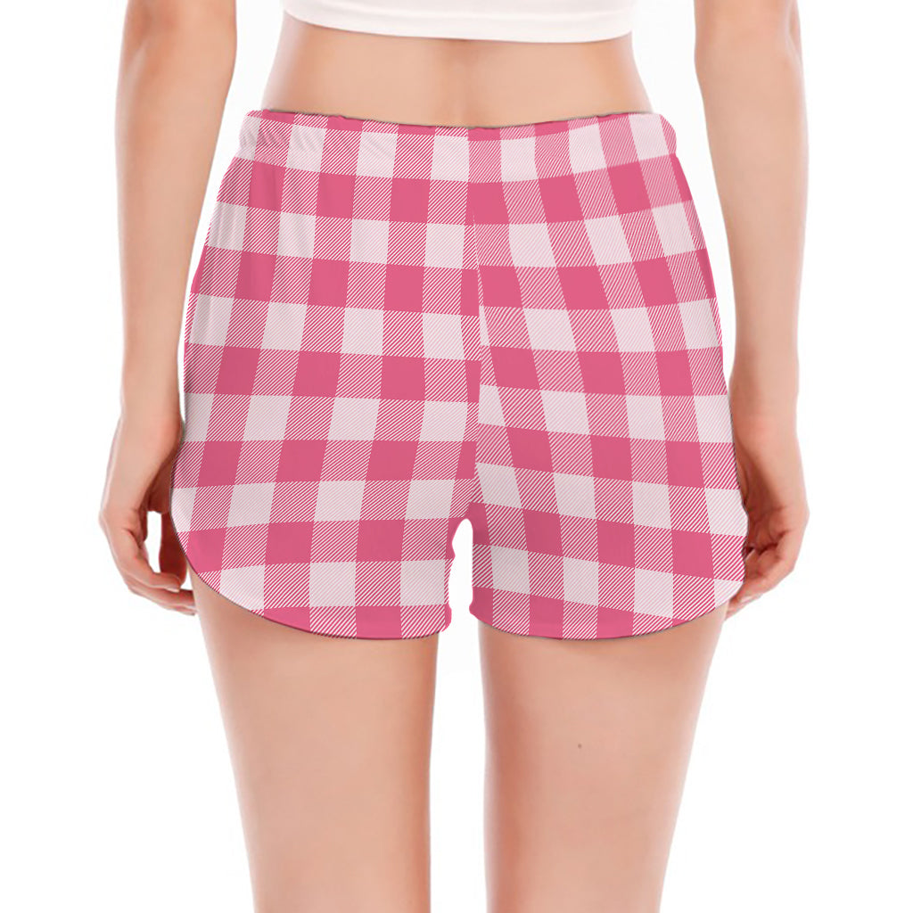 Pink And White Buffalo Check Print Women's Split Running Shorts