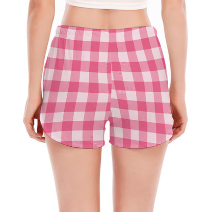 Pink And White Buffalo Check Print Women's Split Running Shorts