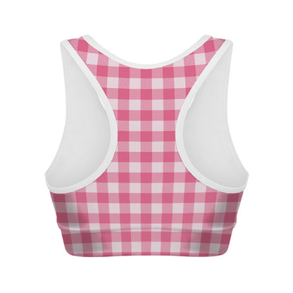 Pink And White Buffalo Check Print Women's Sports Bra