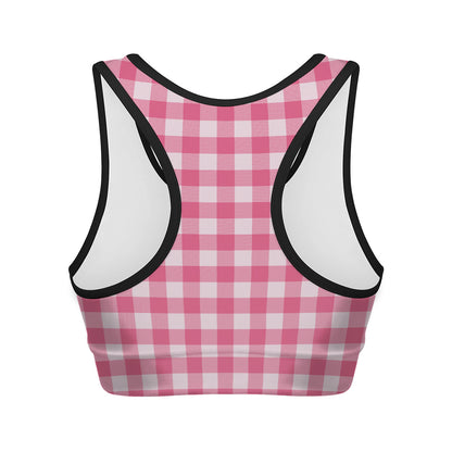 Pink And White Buffalo Check Print Women's Sports Bra