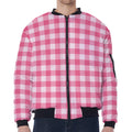 Pink And White Buffalo Check Print Zip Sleeve Bomber Jacket