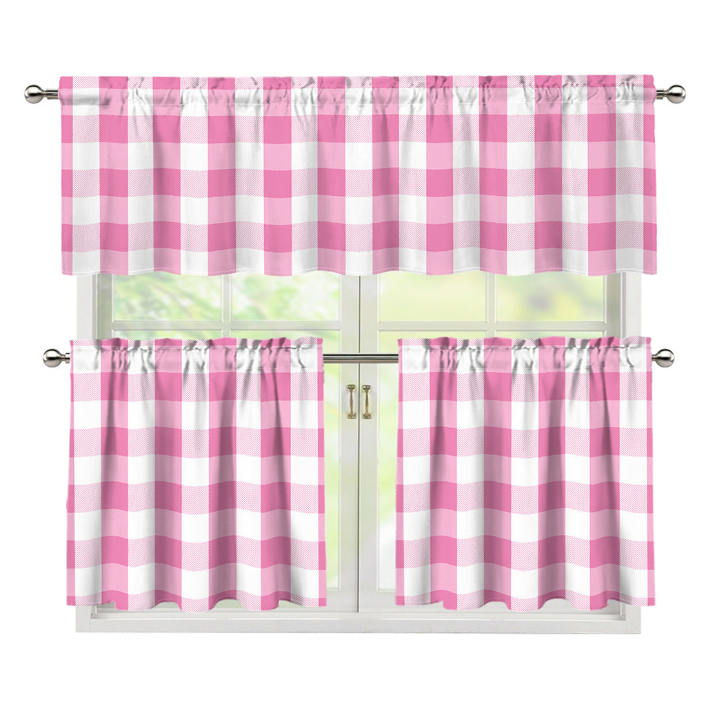 Pink And White Check Pattern Print 3 Piece Kitchen Curtains