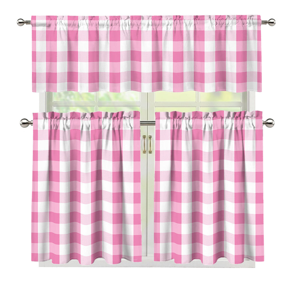 Pink And White Check Pattern Print 3 Piece Kitchen Curtains