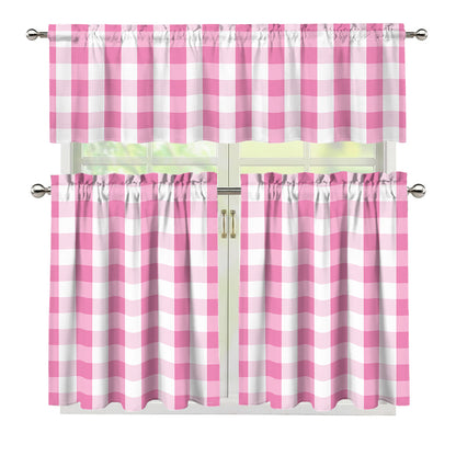 Pink And White Check Pattern Print 3 Piece Kitchen Curtains