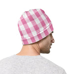 Pink And White Check Pattern Print Beanie
