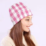 Pink And White Check Pattern Print Beanie