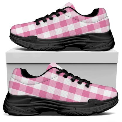 Pink And White Check Pattern Print Black Chunky Shoes