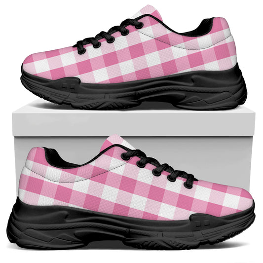 Pink And White Check Pattern Print Black Chunky Shoes