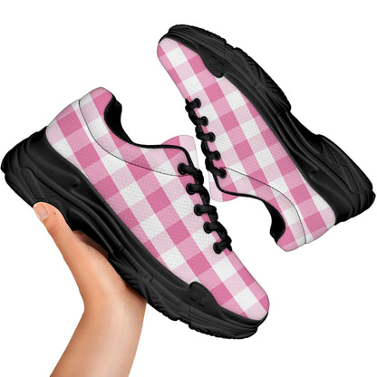Pink And White Check Pattern Print Black Chunky Shoes