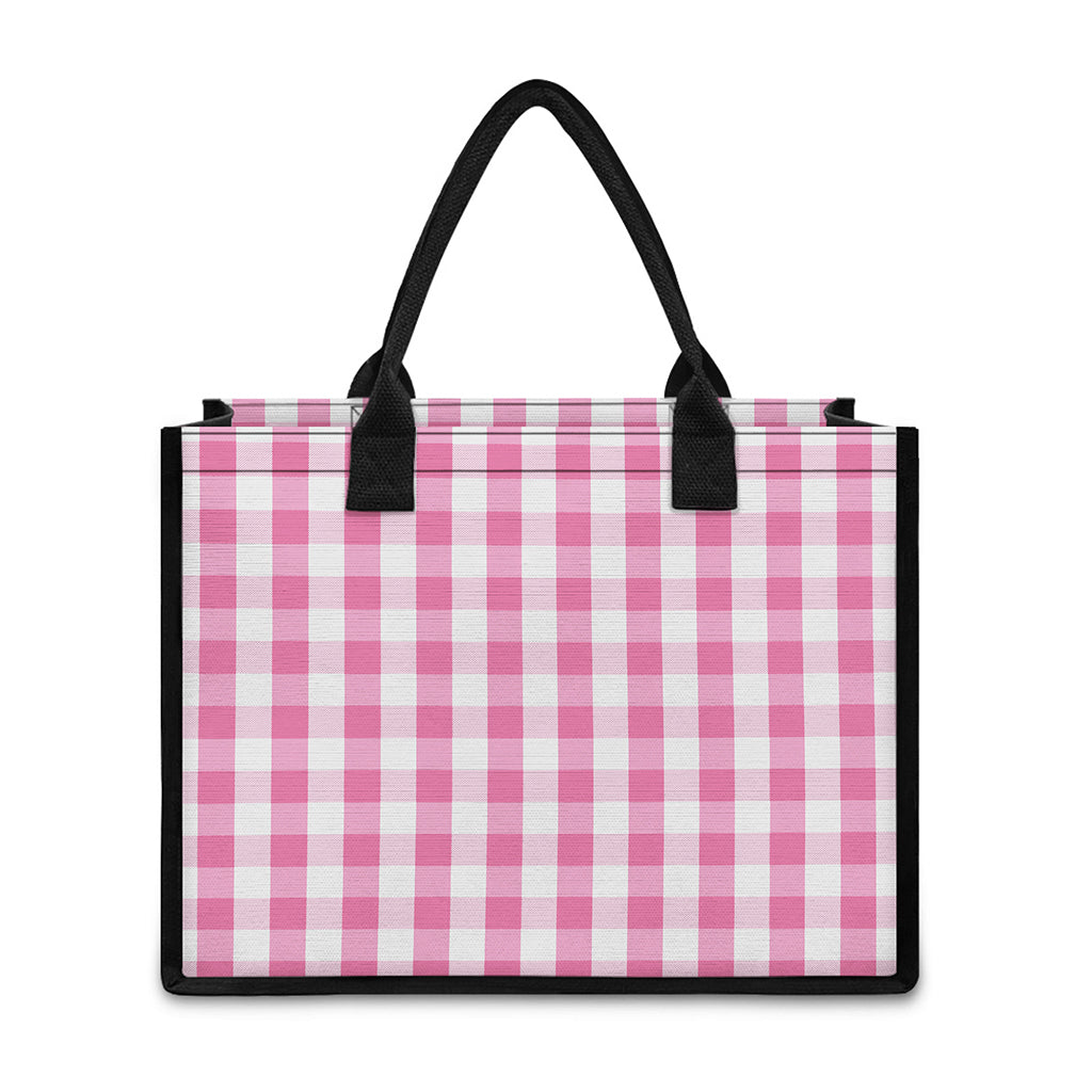 Pink And White Check Pattern Print Canvas Tote Bag
