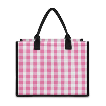 Pink And White Check Pattern Print Canvas Tote Bag
