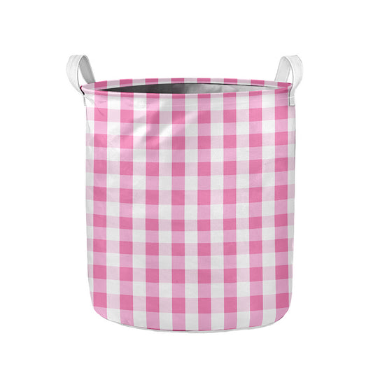 Pink And White Check Pattern Print Collapsible Laundry Basket