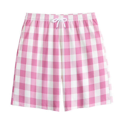 Pink And White Check Pattern Print Cotton Shorts