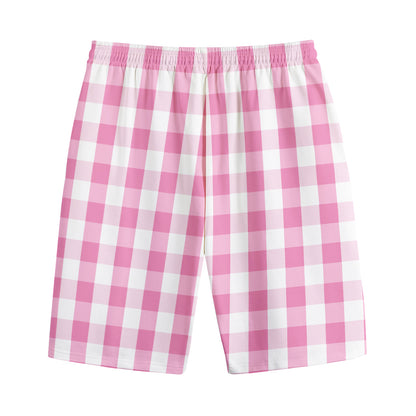 Pink And White Check Pattern Print Cotton Shorts