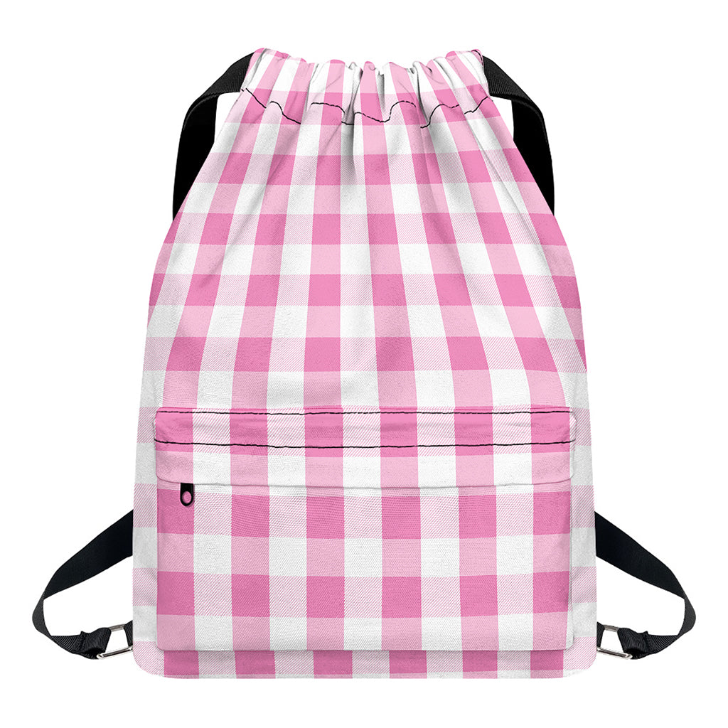 Pink And White Check Pattern Print Drawstring Backpack