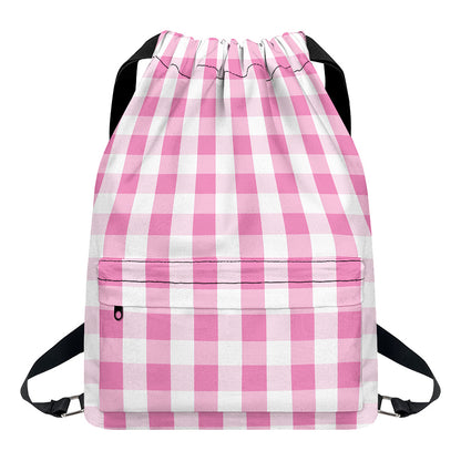 Pink And White Check Pattern Print Drawstring Backpack