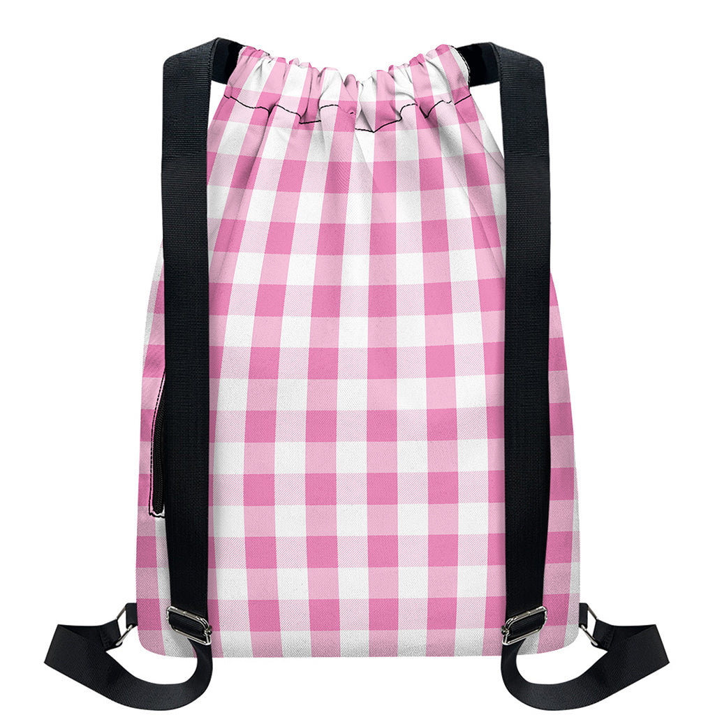 Pink And White Check Pattern Print Drawstring Backpack