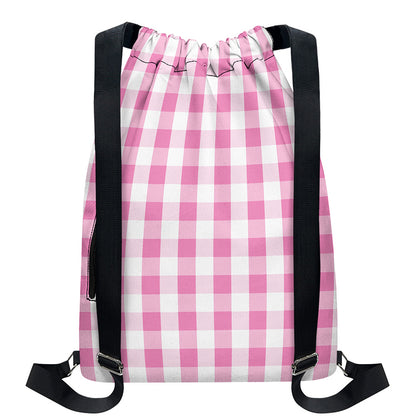 Pink And White Check Pattern Print Drawstring Backpack