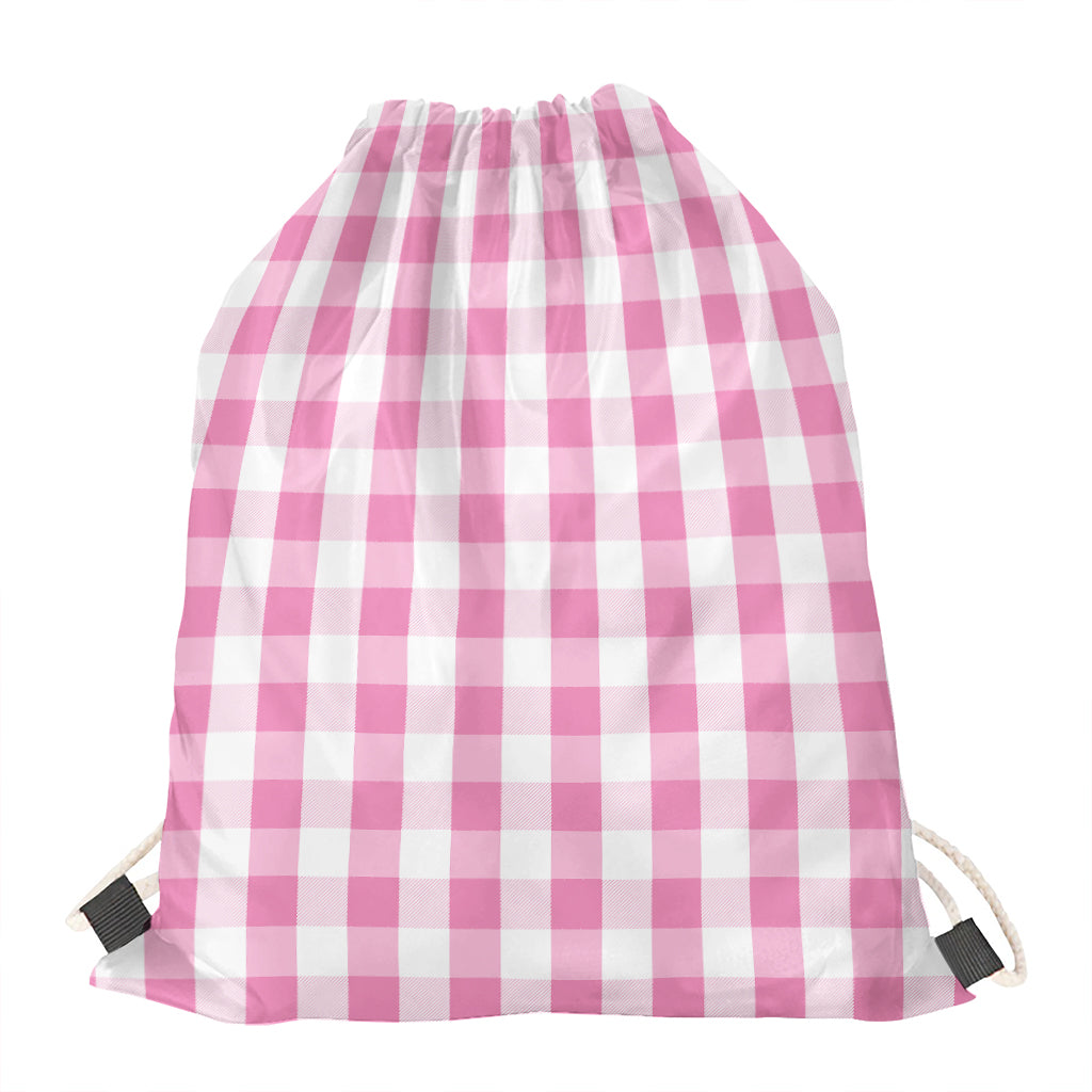 Pink And White Check Pattern Print Drawstring Bag