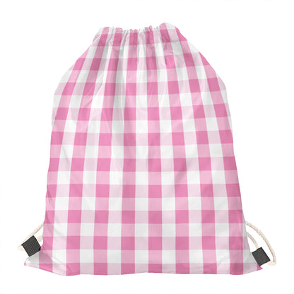 Pink And White Check Pattern Print Drawstring Bag