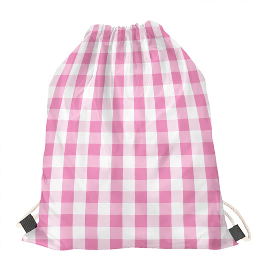 Pink And White Check Pattern Print Drawstring Bag
