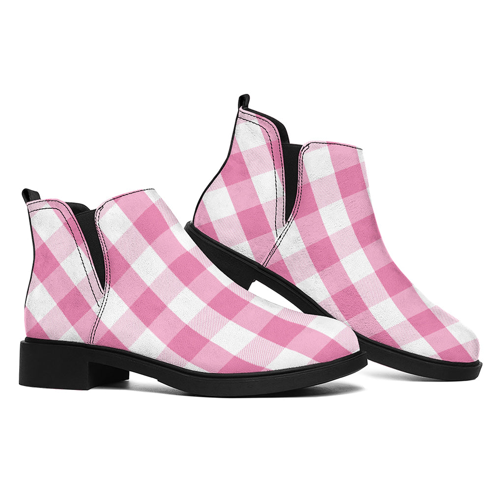 Pink And White Check Pattern Print Flat Ankle Boots