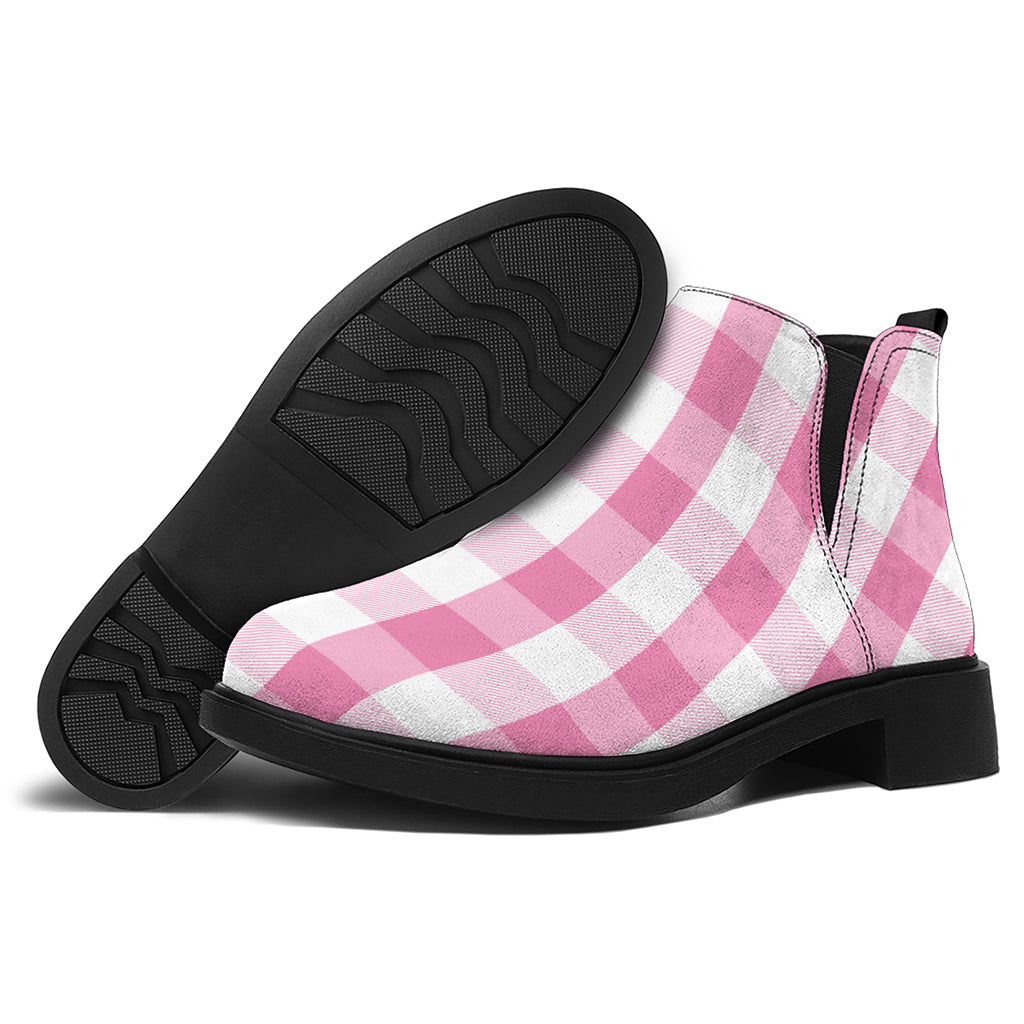 Pink And White Check Pattern Print Flat Ankle Boots