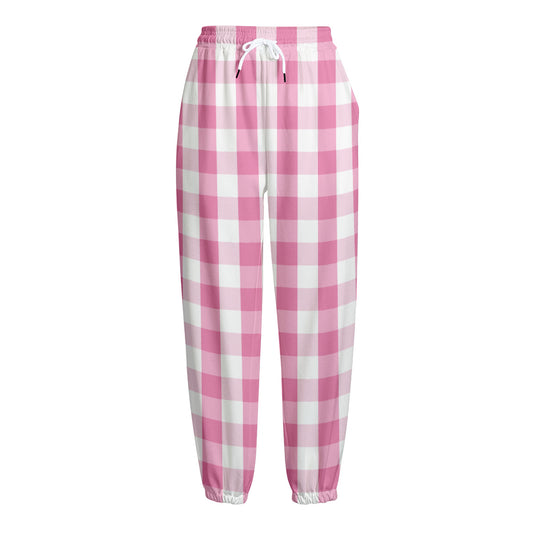 Pink And White Check Pattern Print Fleece Lined Knit Pants