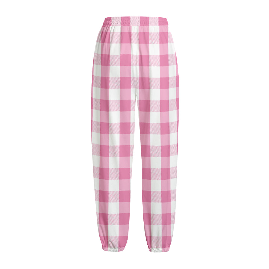 Pink And White Check Pattern Print Fleece Lined Knit Pants