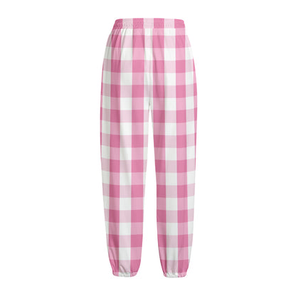 Pink And White Check Pattern Print Fleece Lined Knit Pants