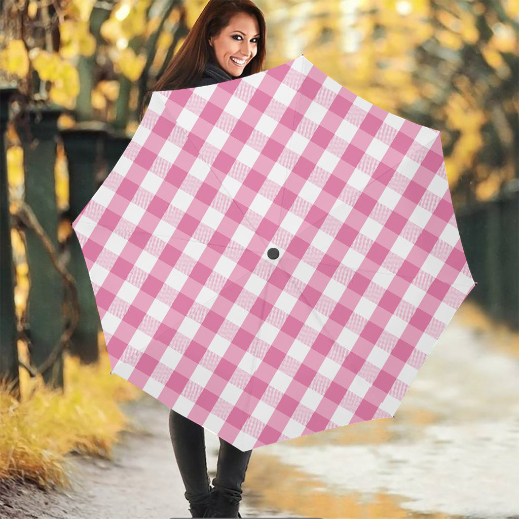 Pink And White Check Pattern Print Foldable Umbrella