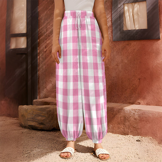 Pink And White Check Pattern Print Harem Pants