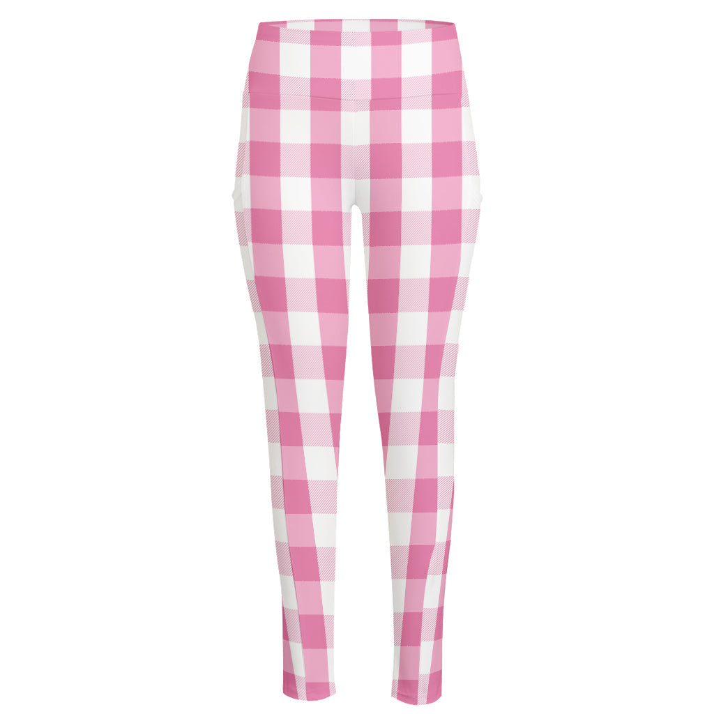 Pink And White Check Pattern Print High-Waisted Pocket Leggings