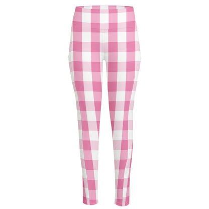 Pink And White Check Pattern Print High-Waisted Pocket Leggings