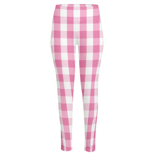 Pink And White Check Pattern Print High-Waisted Pocket Leggings
