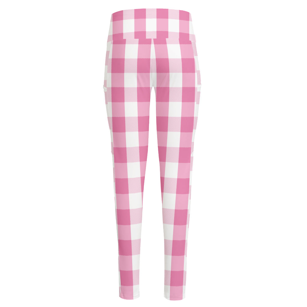 Pink And White Check Pattern Print High-Waisted Pocket Leggings