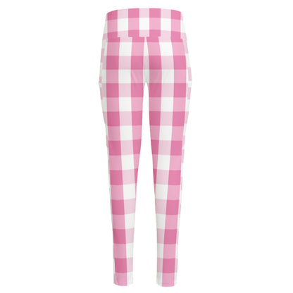 Pink And White Check Pattern Print High-Waisted Pocket Leggings