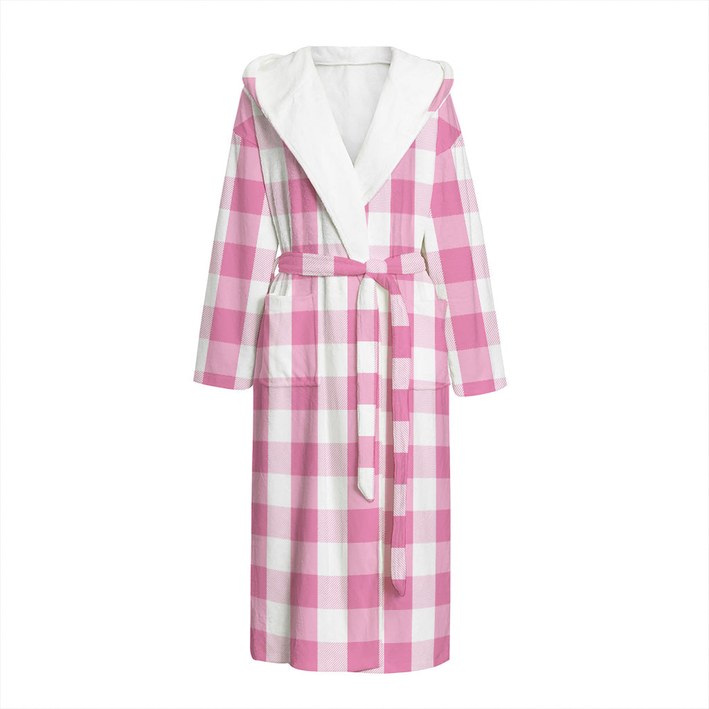 Pink And White Check Pattern Print Hooded Bathrobe