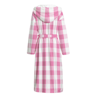 Pink And White Check Pattern Print Hooded Bathrobe