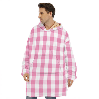 Pink And White Check Pattern Print Hoodie Blanket