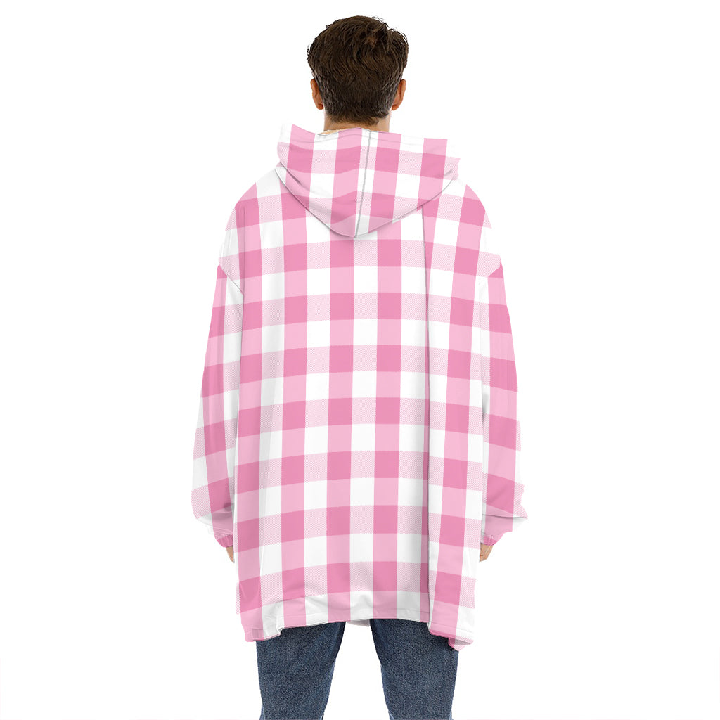 Pink And White Check Pattern Print Hoodie Blanket