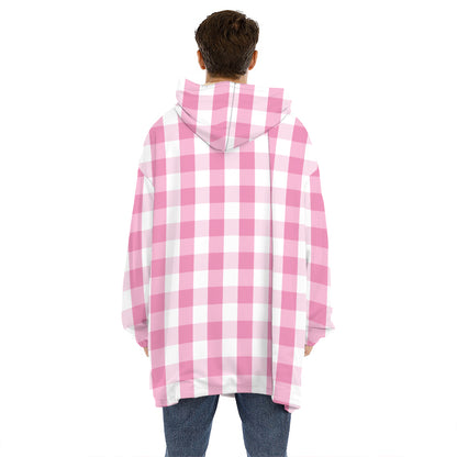 Pink And White Check Pattern Print Hoodie Blanket