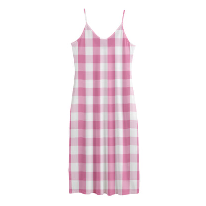 Pink And White Check Pattern Print Jersey Midi Cami Dress