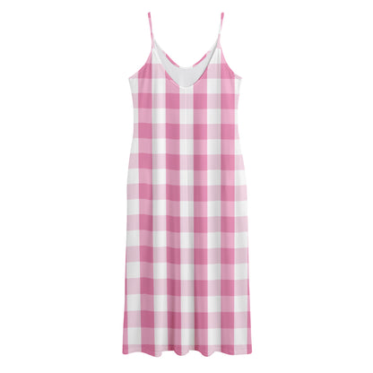 Pink And White Check Pattern Print Jersey Midi Cami Dress