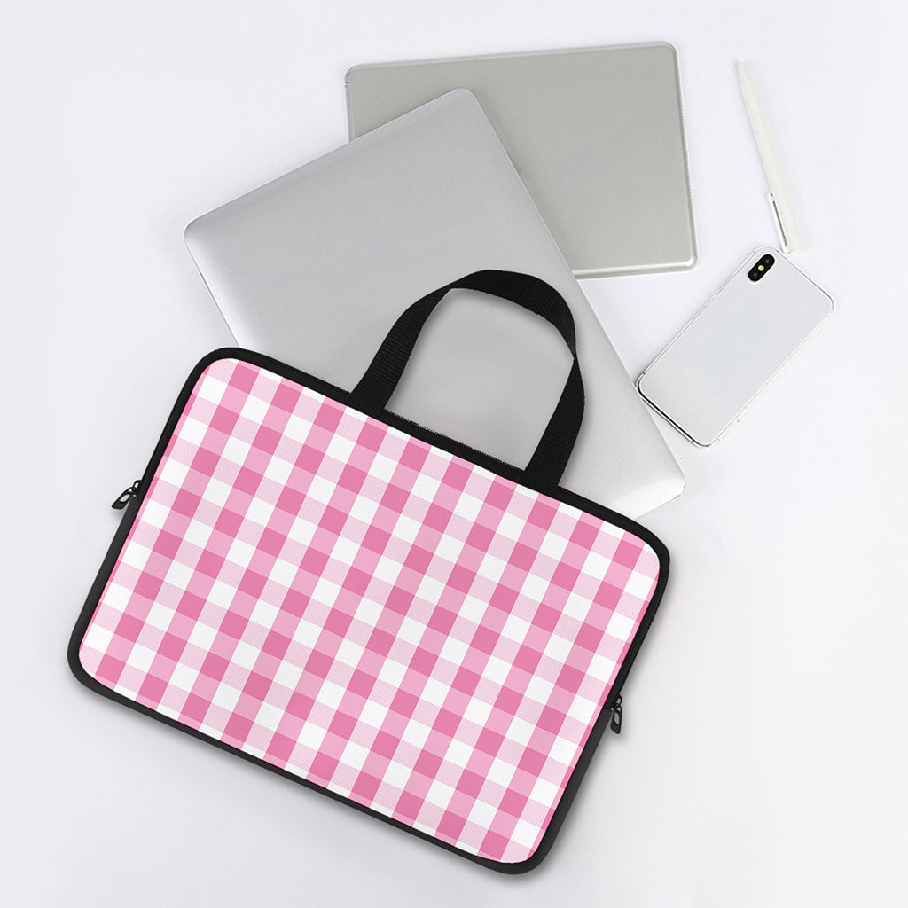 Pink And White Check Pattern Print Laptop Sleeve With Handle