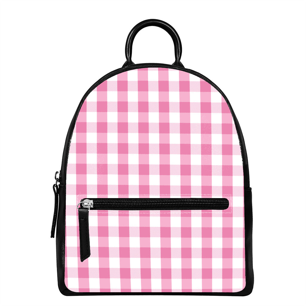 Pink And White Check Pattern Print Leather Backpack