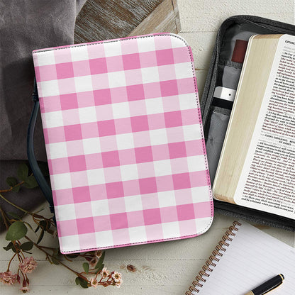 Pink And White Check Pattern Print Leather Bible Cover