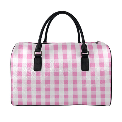 Pink And White Check Pattern Print Leather Duffle Bag
